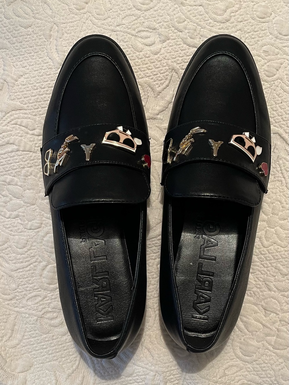 Karl Lagerfeld Black Leather Loafers with Gold & Enamel Charms - Picture 2 of 12